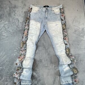 Focus Denim Blue Floral Flare Slim Fit Stacked Mens Jeans 36 X 38 Excellent Cond